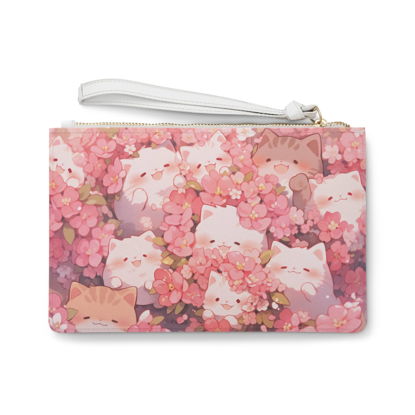 Kittens and Blossoms Clutch Bag, Vegan Leather Clutch, Zipper Pouch, Makeup Bag, Makeup Pouch