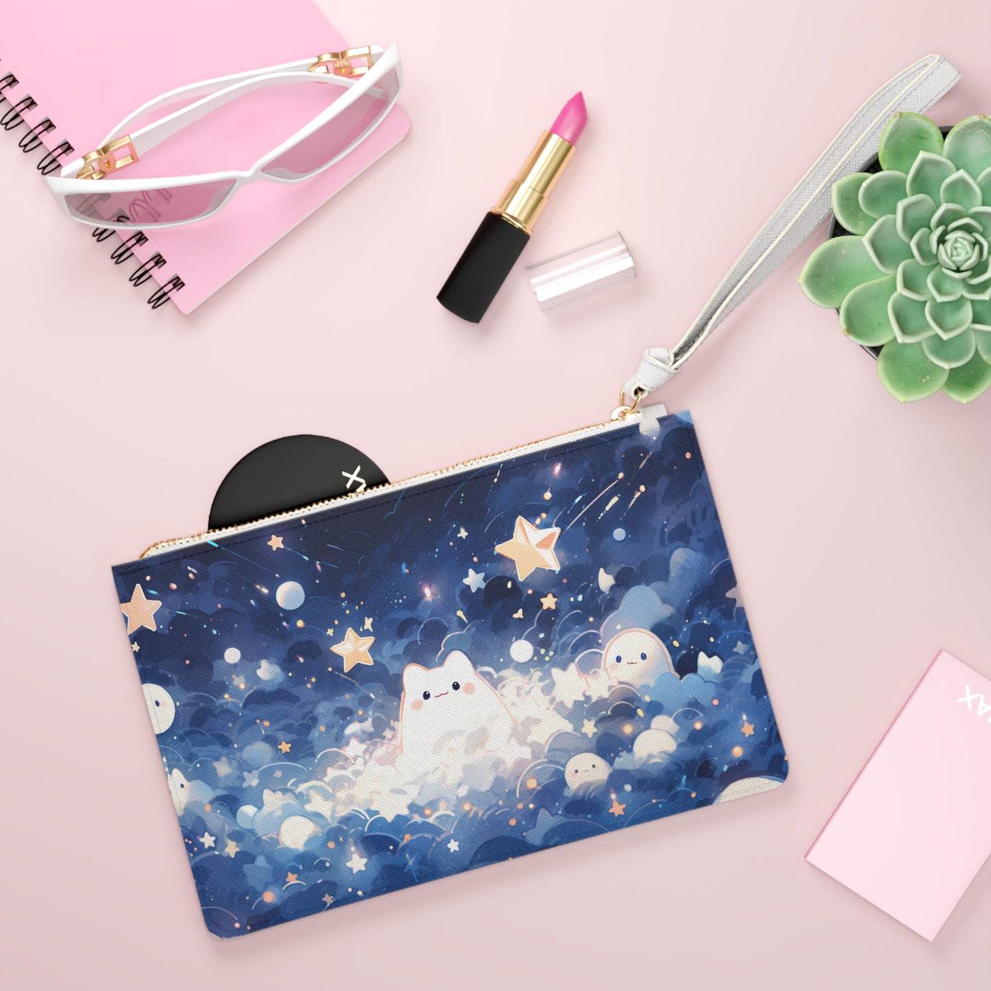 Space Friends Clutch Bag, Vegan Leather Clutch, Zipper Pouch, Makeup Bag, Makeup Pouch