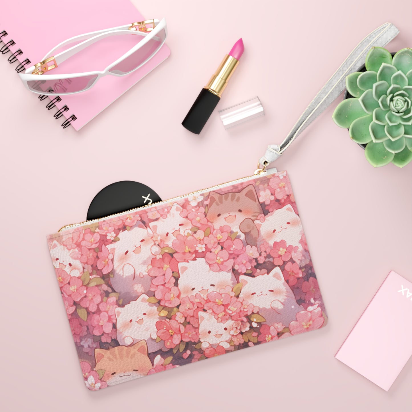 Kittens and Blossoms Clutch Bag, Vegan Leather Clutch, Zipper Pouch, Makeup Bag, Makeup Pouch