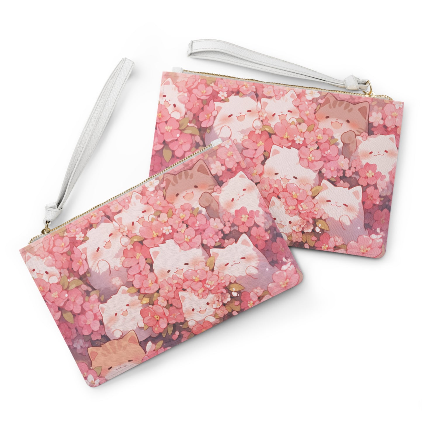 Kittens and Blossoms Clutch Bag, Vegan Leather Clutch, Zipper Pouch, Makeup Bag, Makeup Pouch