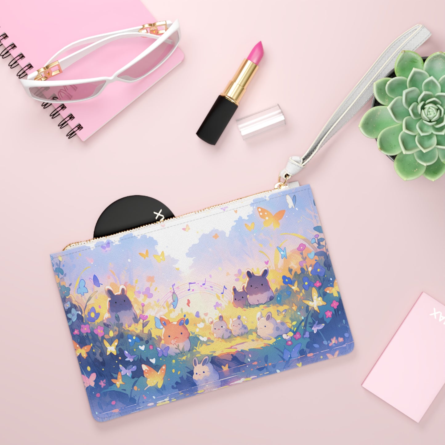 Bunny Butterfly Bonanza Clutch Bag, Vegan Leather Clutch, Zipper Pouch, Makeup Bag, Makeup Pouch