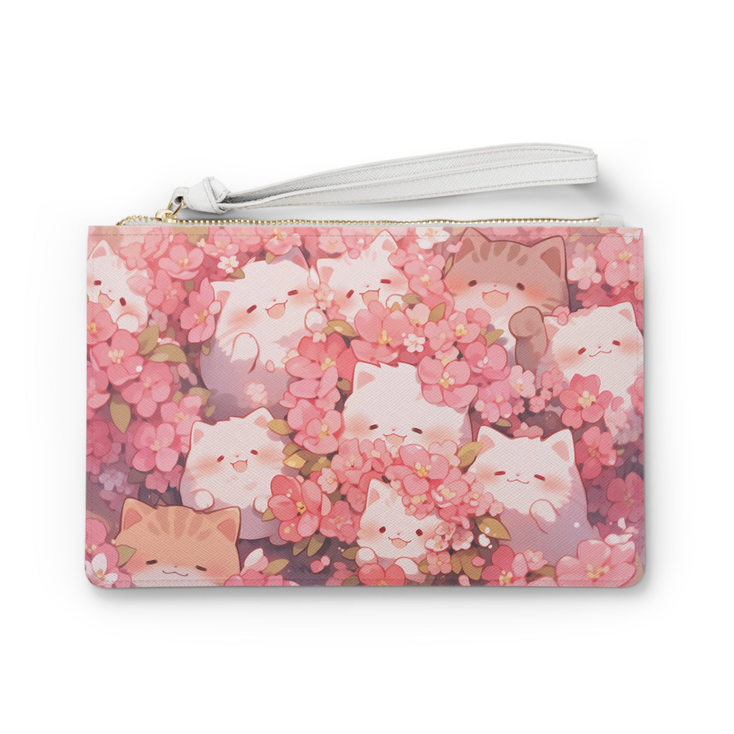 Kittens and Blossoms Clutch Bag, Vegan Leather Clutch, Zipper Pouch, Makeup Bag, Makeup Pouch